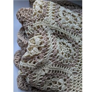 Vintage Handmade Crochet Lace Queen Size Blanket in Buttercup Yellow and Tan